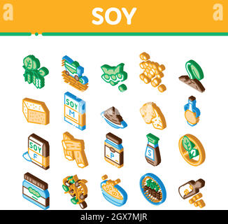 Soy Bean Food Product Isometric Icons Set Vector Stock Vector