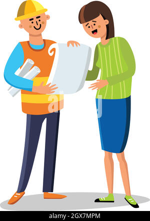 Engineer Builder Discussing With Woman Vector Illustration Stock Vector