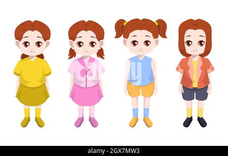 Little Girl Child Kid Standing Clothes Hair Front Vector Cartoon Set Stock Vector