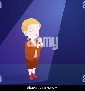 Little Boy Child Kid Standing Microphone Spotlight Stage Vector Cartoon Stock Vector