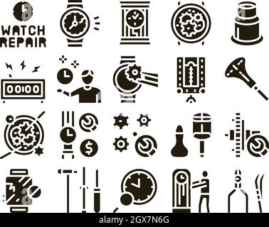 Watch Repair Service Glyph Set Vector Stock Vector