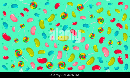 Seamless background pattern with jelly beans and lollipops Stock Vector