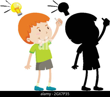 Boy thinking with idea lamp in color and silhouette Stock Vector