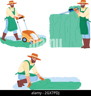 Gardener Man Work In Garden Collection Set Vector Stock Vector