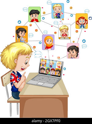 A boy using laptop for video call with friend on white background Stock Vector