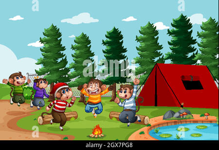 Five little monkey jumping in the park scene Stock Vector