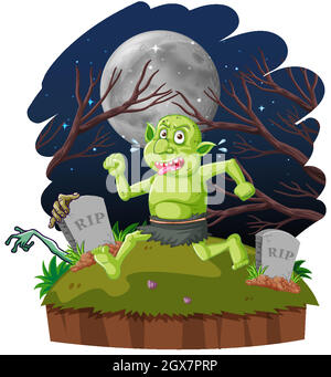 Night scene with goblin or troll cartoon character Stock Vector