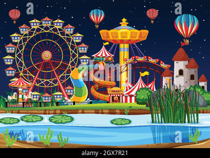 Amusement park scene at night with balloons and fireworks illustration ...