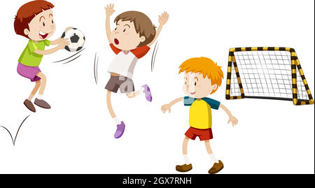 Three boys playing football Stock Vector