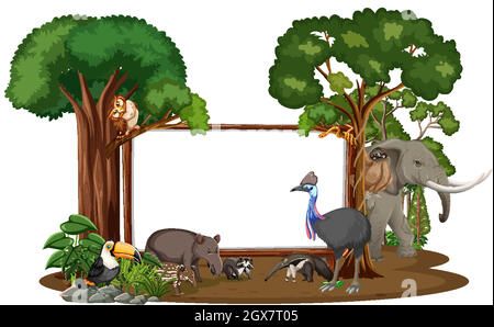 Empty banner with wild animals and rainforest trees on white background Stock Vector