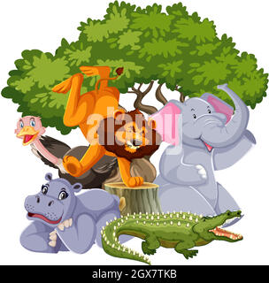 Group of wild animals under the tree Stock Vector