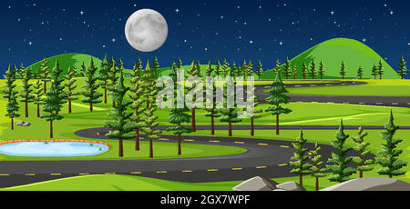 Long road in nature landscape at night scene Stock Vector