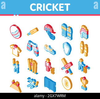 Cricket Game Isometric Elements Icons Set Vector Stock Vector