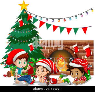 Children wear Christmas costume cartoon character on white background Stock Vector