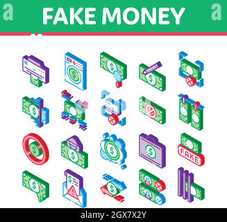 Fake Money Isometric Elements Icons Set Vector Stock Vector