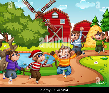 Five little monkey jumping in the farm scene Stock Vector
