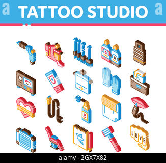 Tattoo Studio Tool Isometric Icons Set Vector Stock Vector