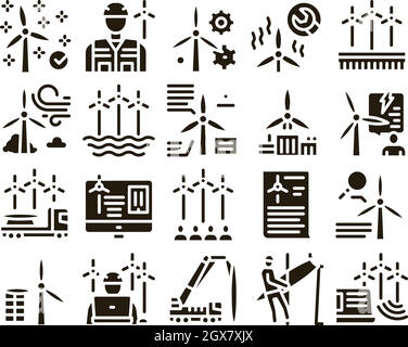 Wind Energy Technicians Glyph Set Vector Stock Vector