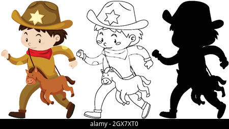 Kids wearing cowboy costume with its outline and silhouette Stock Vector
