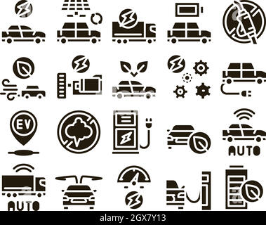 Electric Car Transport Glyph Set Vector Stock Vector