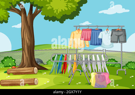 Clothes hanging on line in the yard Stock Vector