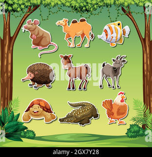 Many animals in jungle background Stock Vector
