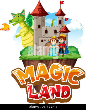 Font design for word magic land with dragon and princess Stock Vector