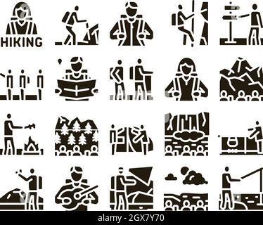 Hiking Extreme Tourism Glyph Set Vector Stock Vector