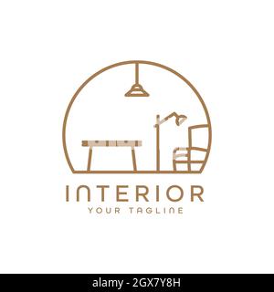Minimalist table and chair interior logo monoline style design Stock Vector