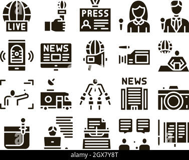 Journalist Reporter Glyph Set Vector Stock Vector