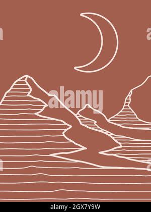 Mountain and moon line art in brown terracotta style background Stock Vector