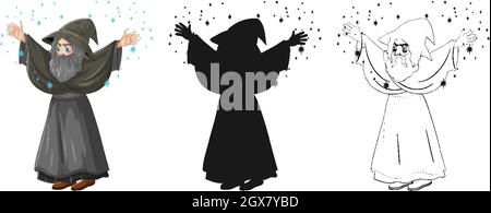 Old wizard with spell in color and outline and silhouette cartoon character isolated on white background Stock Vector