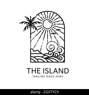 summer tropical island palm trees and waves monoline design Stock Vector