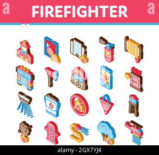 Firefighter Equipment Isometric Icons Set Vector Stock Vector