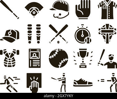 Baseball Game Tools Glyph Set Vector Stock Vector