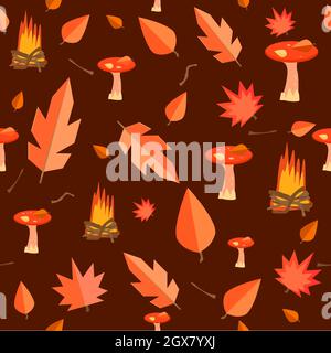autumn pattern with leaves, mushrooms and a bonfire Stock Vector
