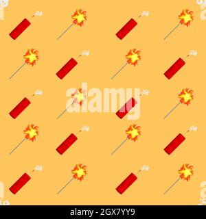 seamless yellow background with dynamites and sparklers Stock Vector