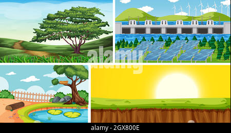 Four different scenes in nature setting cartoon style Stock Vector