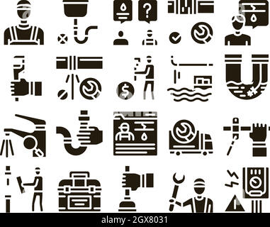 Plumber Profession Glyph Set Vector Stock Vector