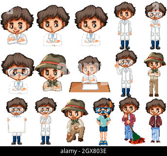 Set of boy doing different activities on white background Stock Vector