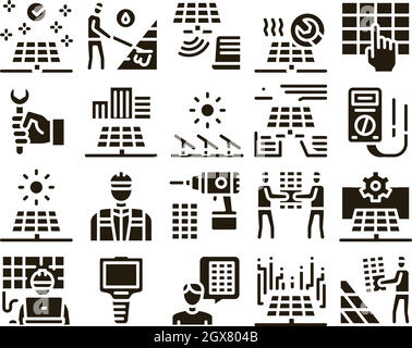 Solar Energy Technicians Glyph Set Vector Stock Vector