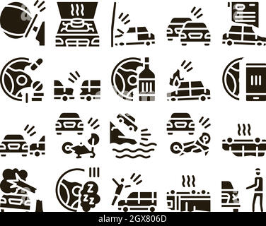 Car Crash Accident Glyph Set Vector Stock Vector