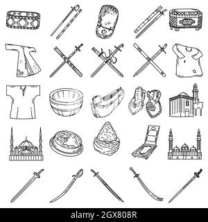 Muslim historical objects Hand Drawn Icon Set Vector. Stock Vector