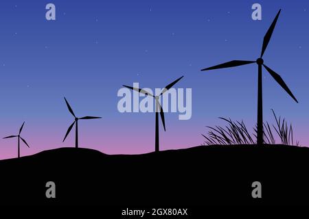 Green energy concept. Landscape view of silhouette wind power turbine with sunset in background. Vector and illustration design. Stock Vector