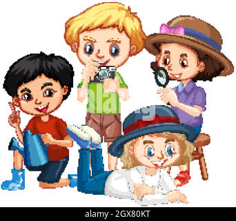 Four kids with camera and magnifying glass Stock Vector