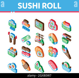 Sushi Roll Asian Dish Isometric Icons Set Vector Stock Vector