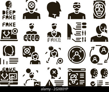 Deepfake Face Fake Glyph Set Vector Stock Vector