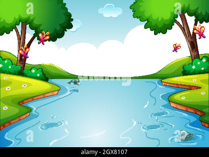 Blank river in forest nature scene background Stock Vector