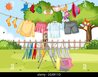 Clothes drying and hanging outdoor background Stock Vector