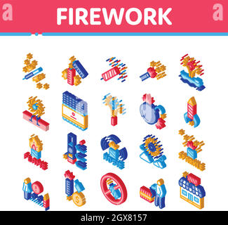 Firework Pyrotechnic Isometric Icons Set Vector Stock Vector